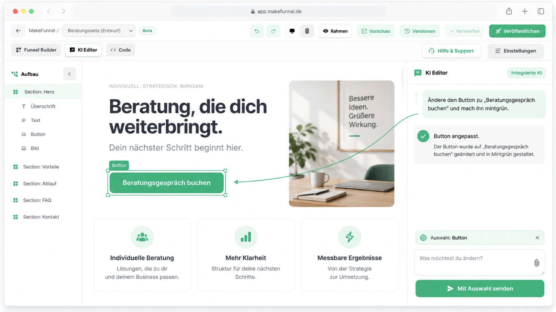 MakeFunnel KI-Editor: Landingpage per Anweisung bearbeiten